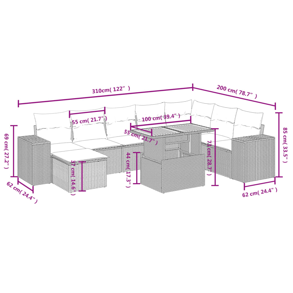 9-delige Loungeset met kussens poly rattan grijs