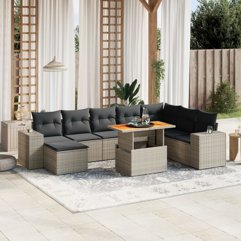 9-delige Loungeset met kussens poly rattan grijs