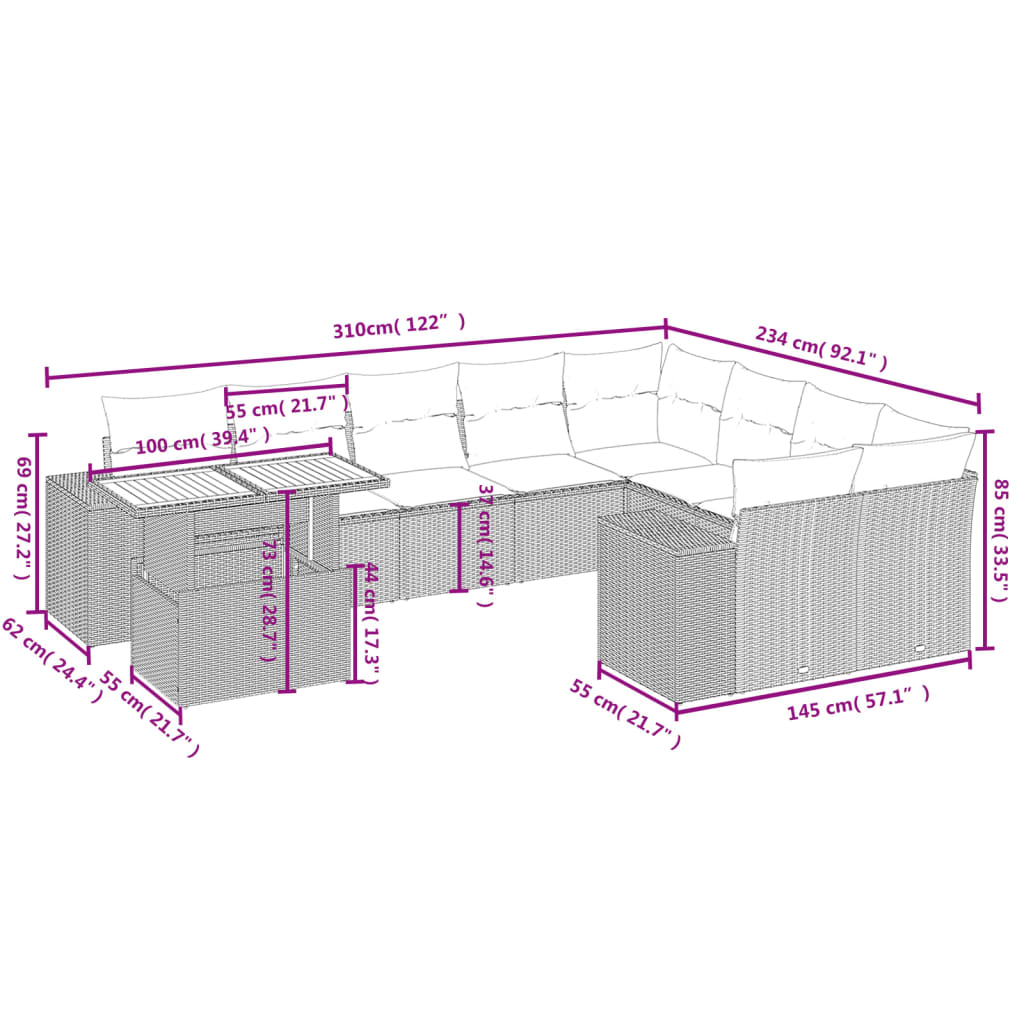 10-delige Loungeset met kussens poly rattan grijs