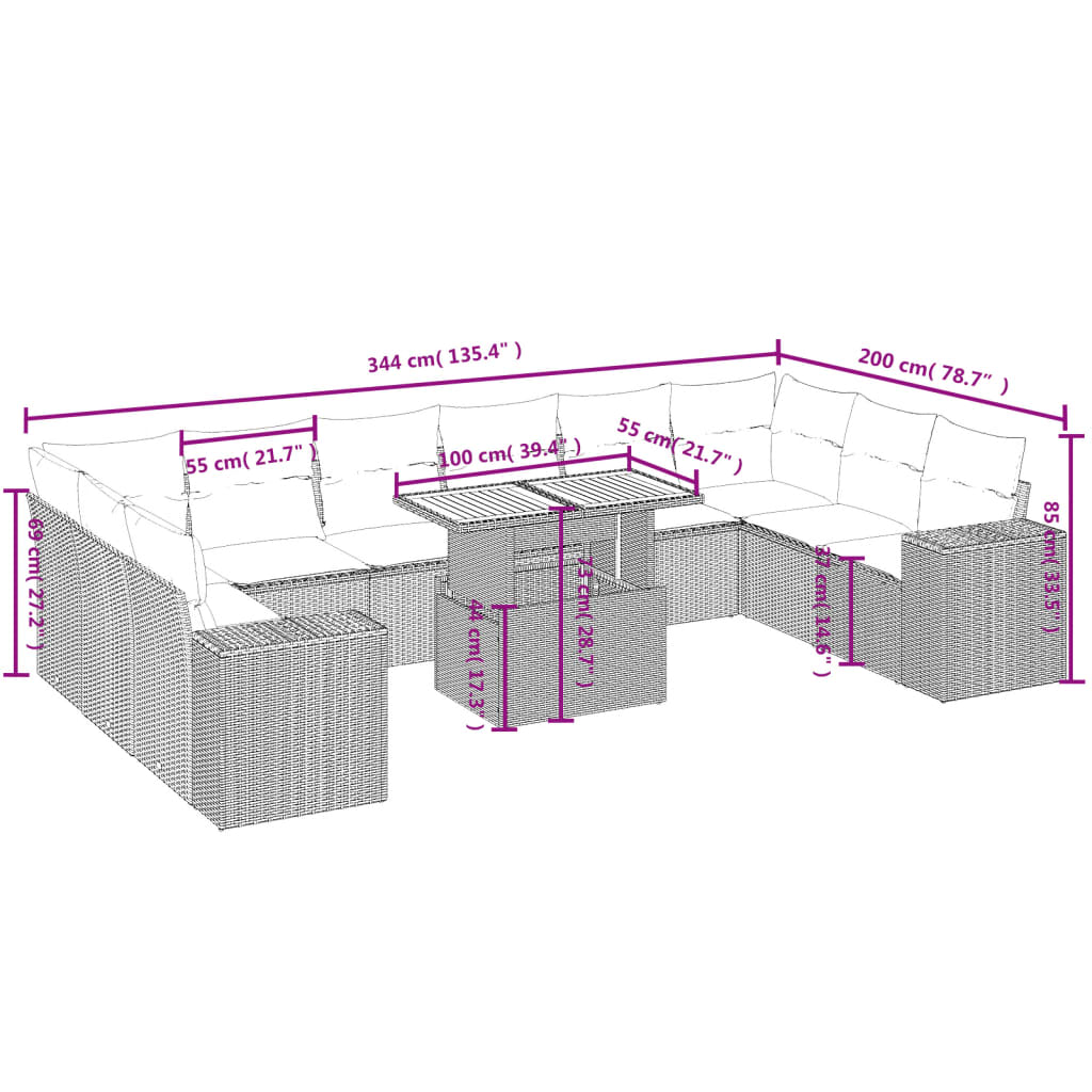 11-delige Loungeset met kussens poly rattan grijs