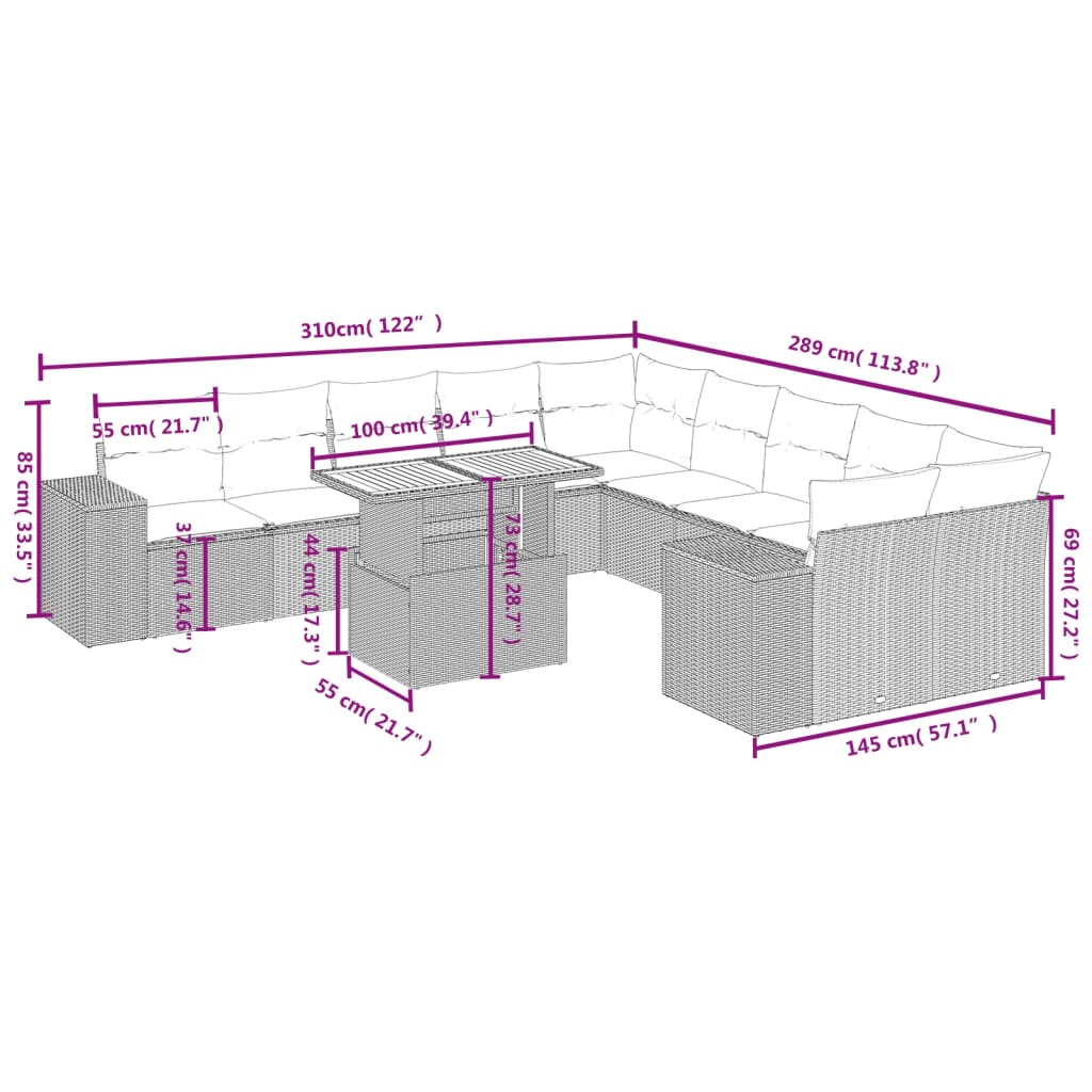 11-delige Loungeset met kussens poly rattan grijs