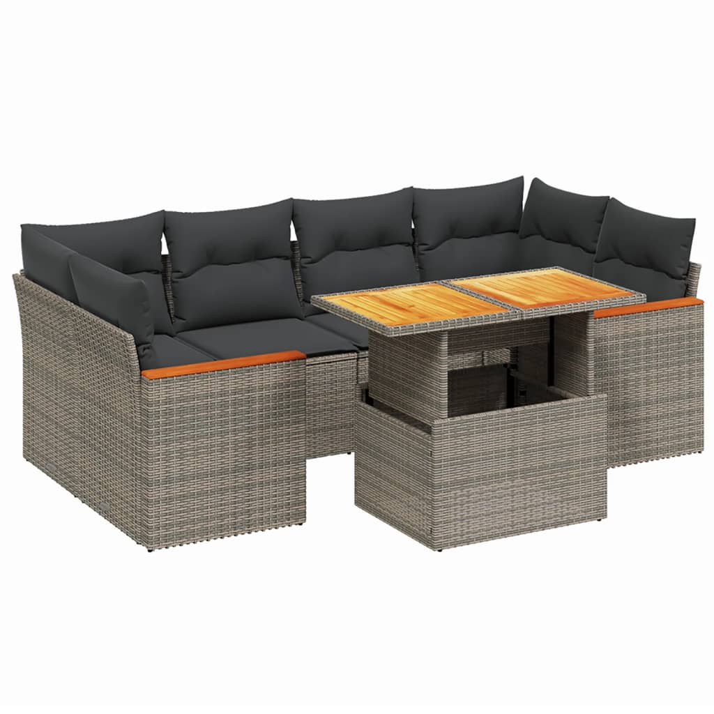 7-delige Loungeset met kussens poly rattan grijs