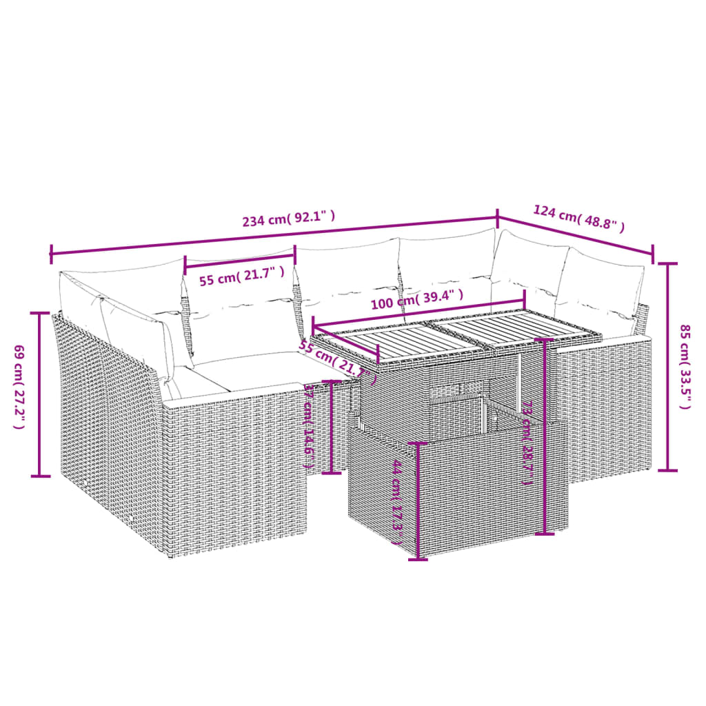 7-delige Loungeset met kussens poly rattan grijs