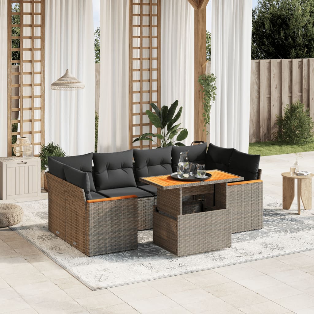 7-delige Loungeset met kussens poly rattan grijs