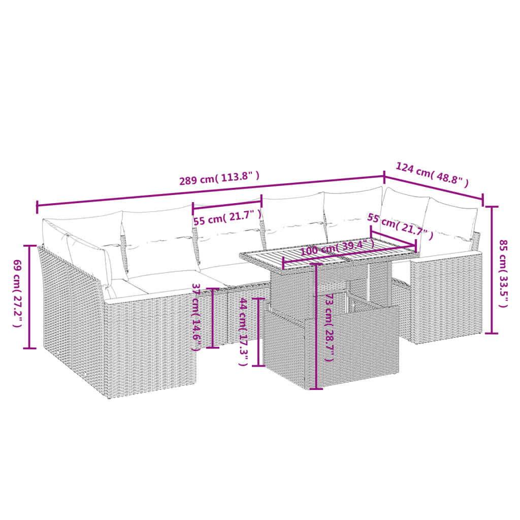 8-delige Loungeset met kussens poly rattan beige