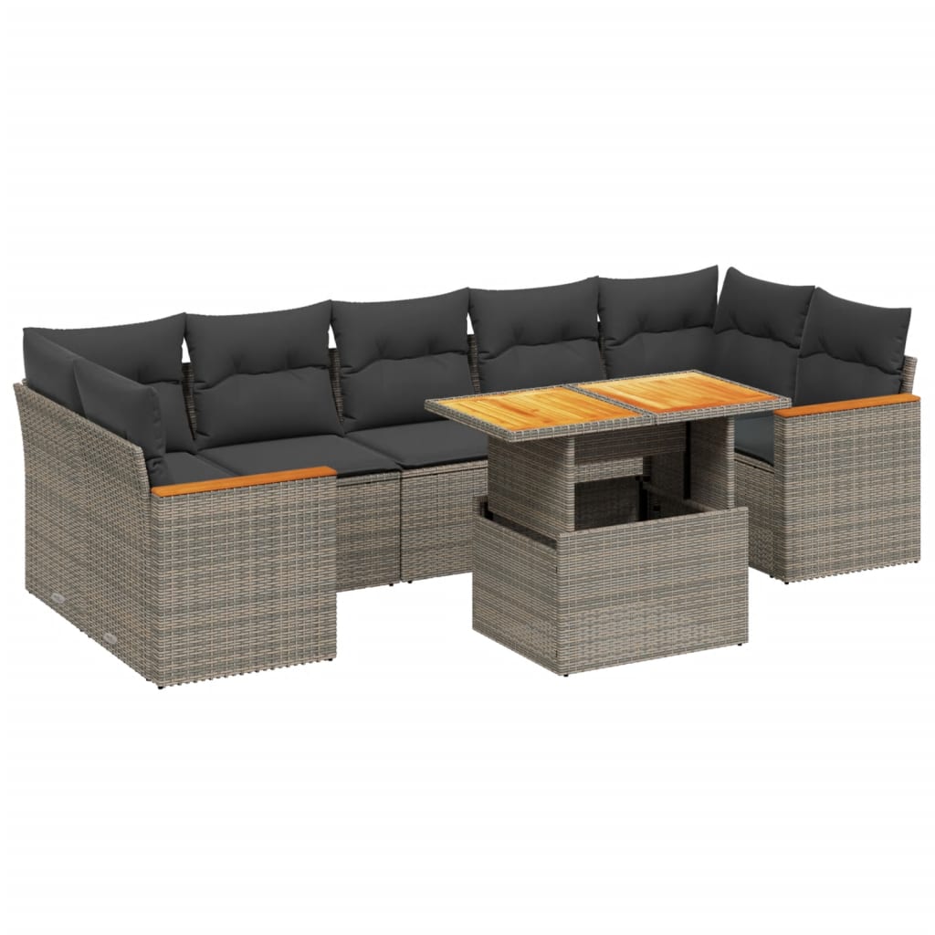 8-delige Loungeset met kussens poly rattan grijs