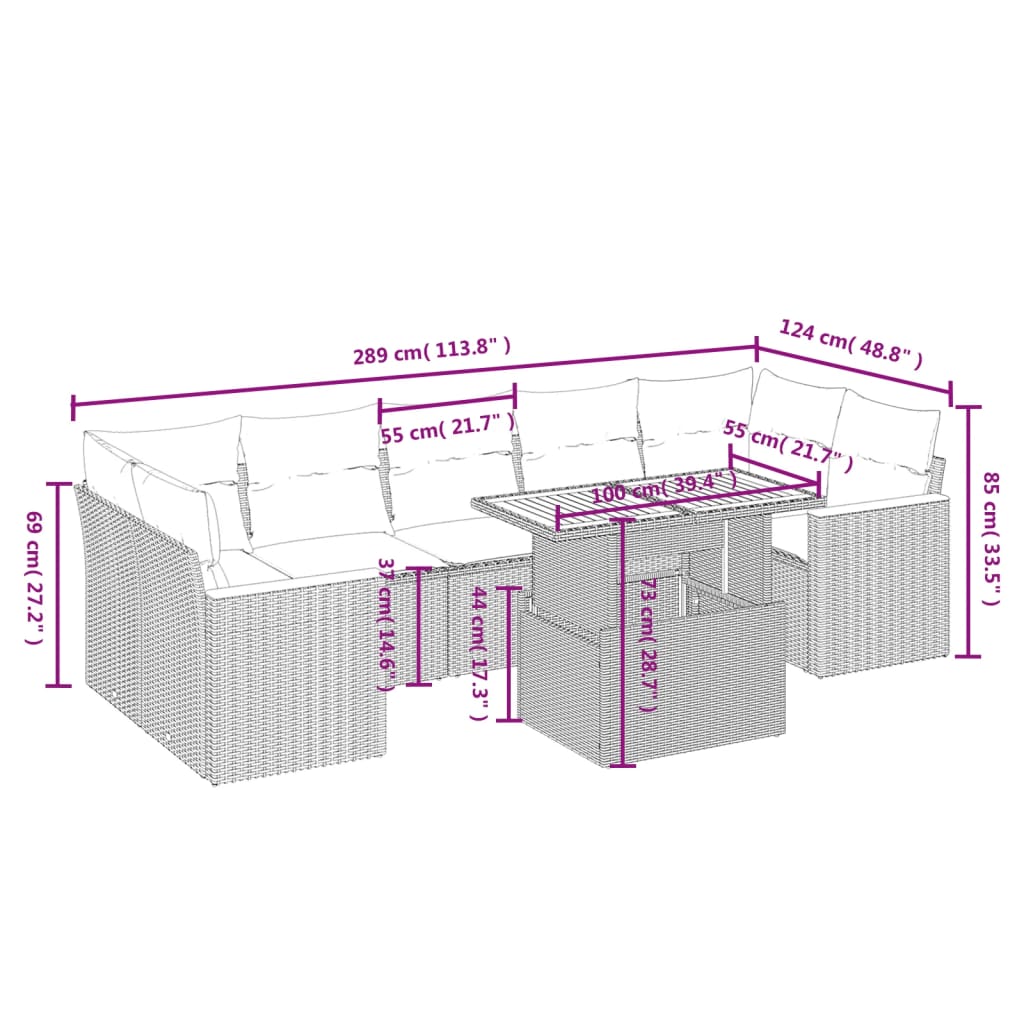 8-delige Loungeset met kussens poly rattan grijs