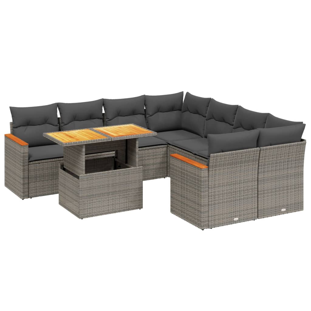 9-delige Loungeset met kussens poly rattan grijs