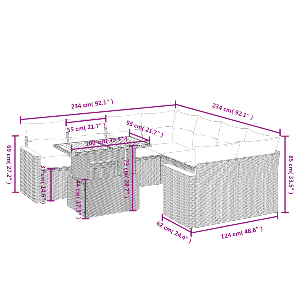 9-delige Loungeset met kussens poly rattan grijs