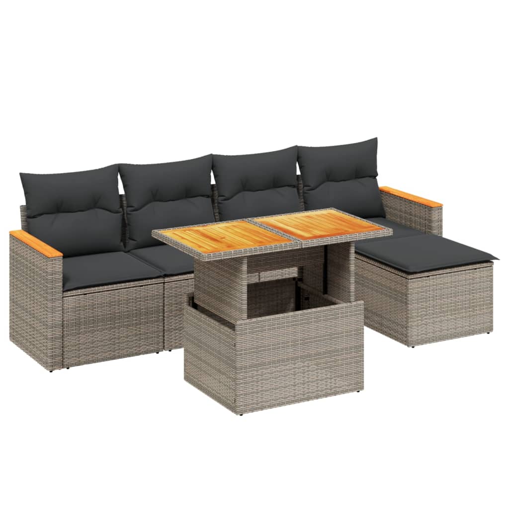 6-delige Loungeset met kussens poly rattan grijs