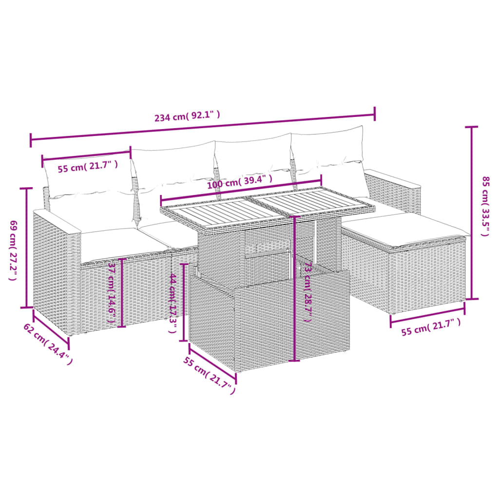 6-delige Loungeset met kussens poly rattan grijs