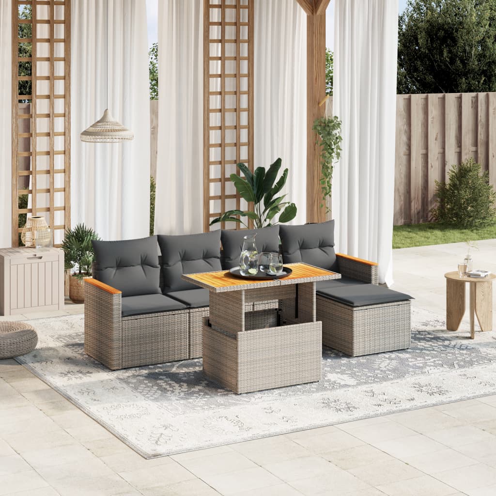 6-delige Loungeset met kussens poly rattan grijs