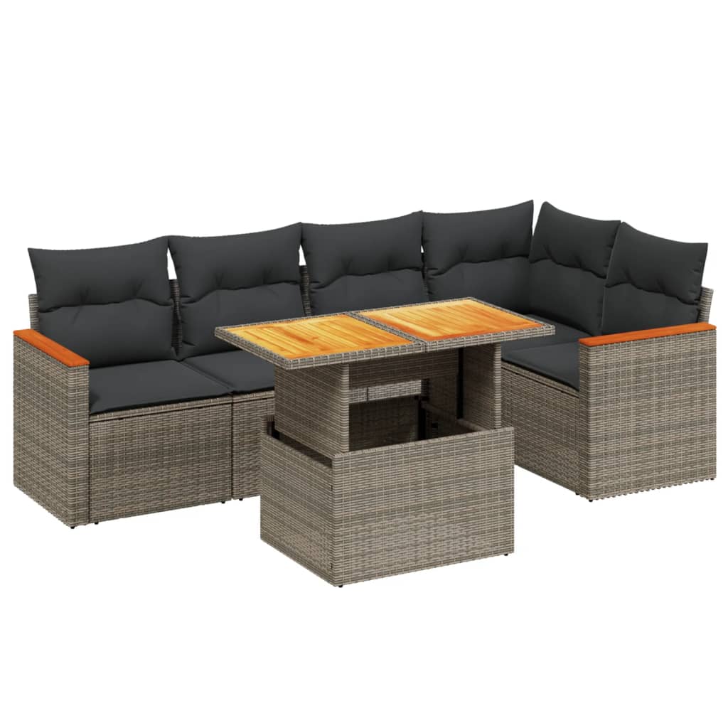 6-delige Loungeset met kussens poly rattan grijs