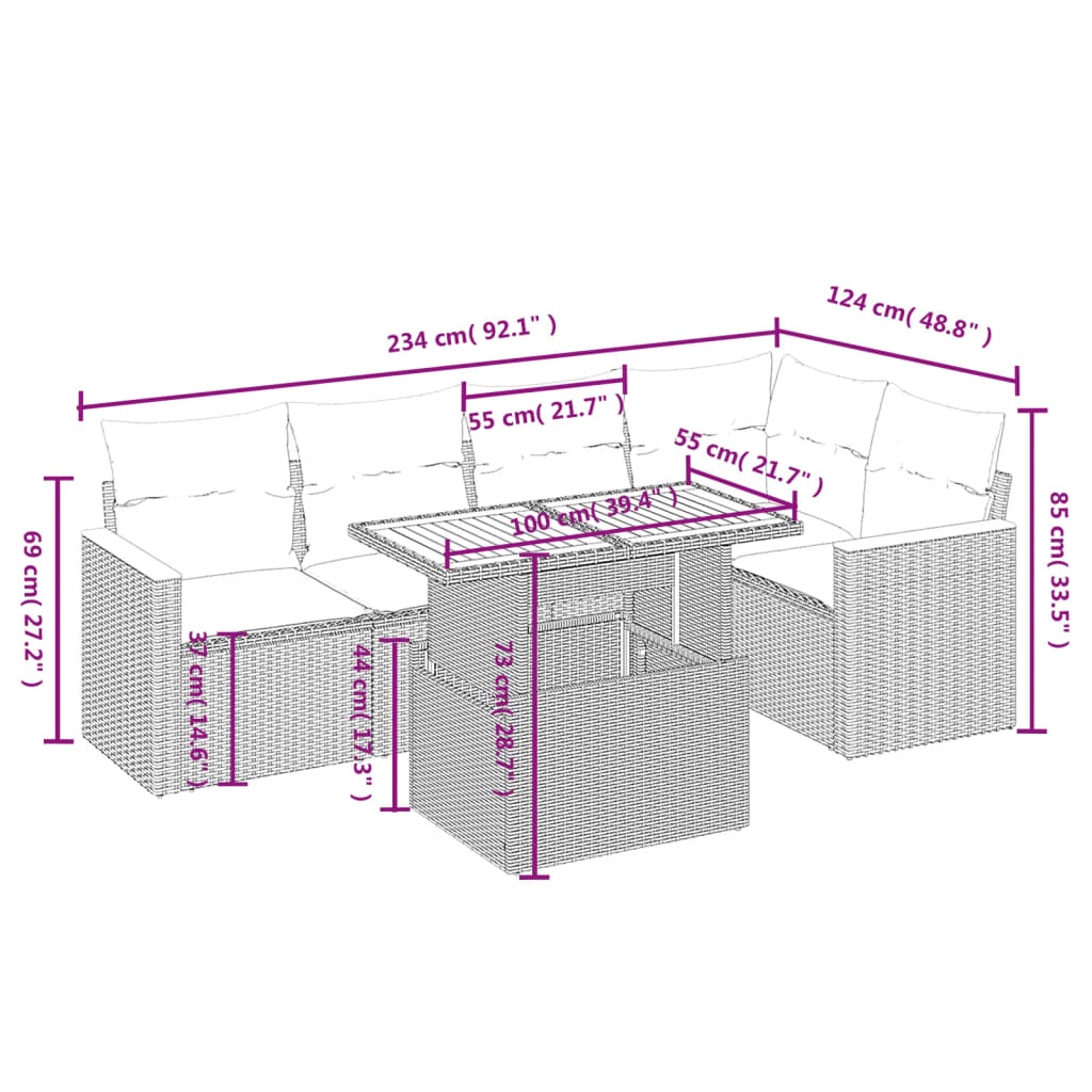 6-delige Loungeset met kussens poly rattan grijs