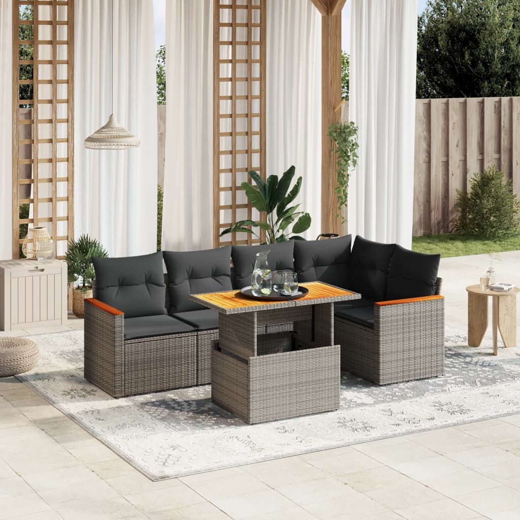 6-delige Loungeset met kussens poly rattan grijs