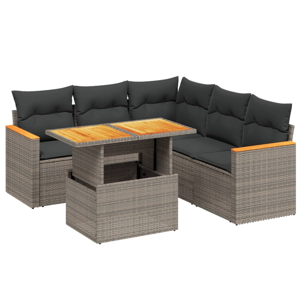 6-delige Loungeset met kussens poly rattan grijs