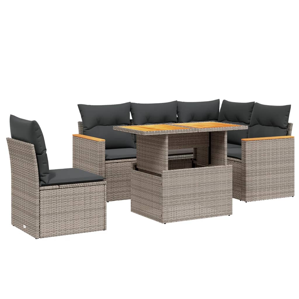 6-delige Loungeset met kussens poly rattan grijs