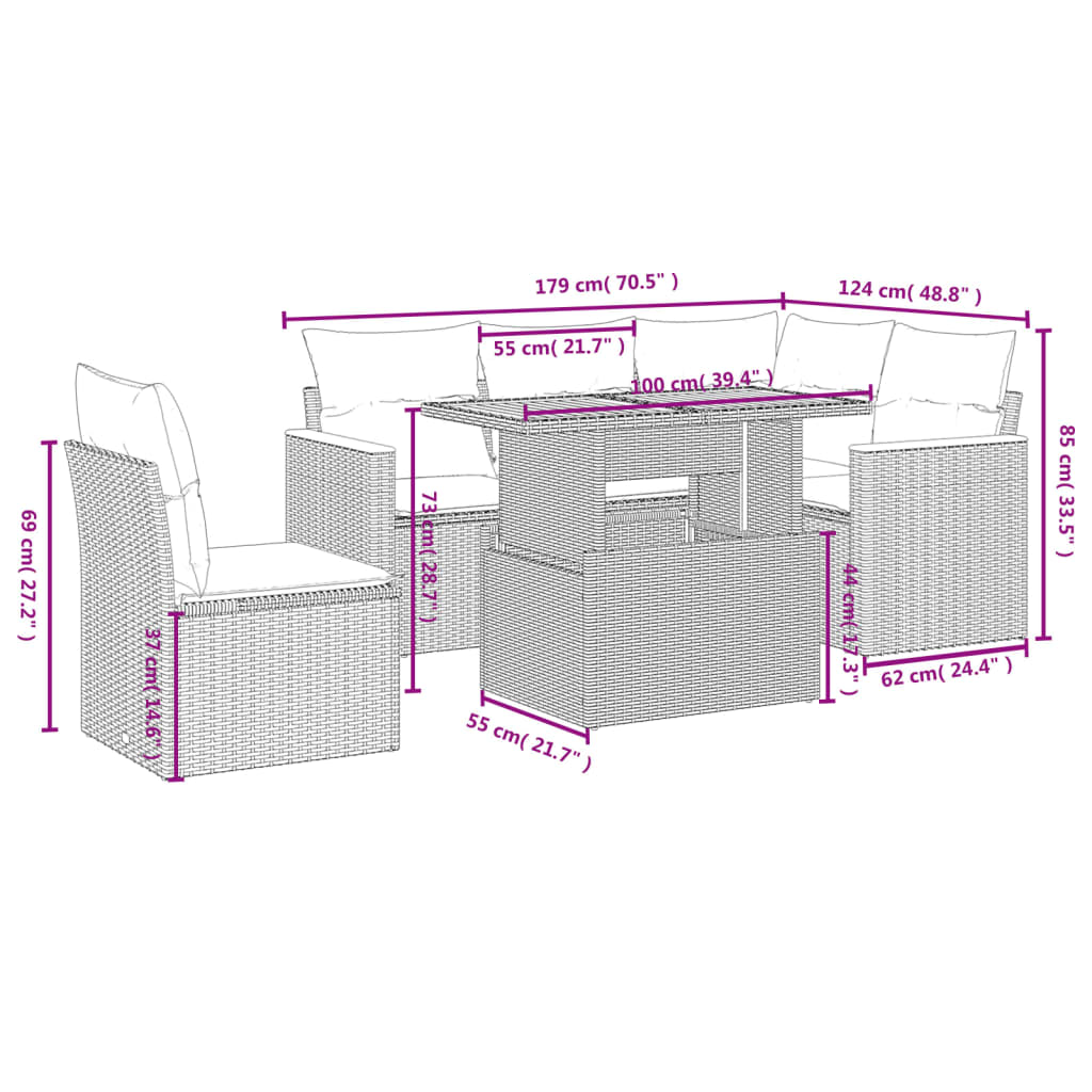 6-delige Loungeset met kussens poly rattan grijs