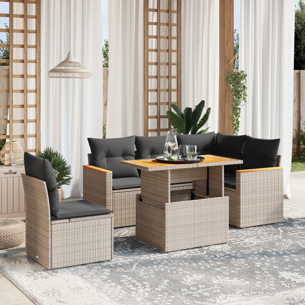 6-delige Loungeset met kussens poly rattan grijs