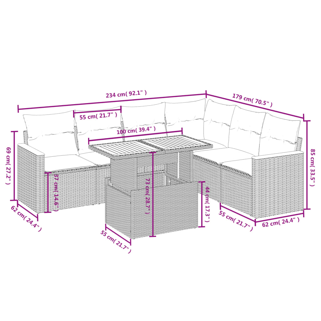 7-delige Loungeset met kussens poly rattan grijs