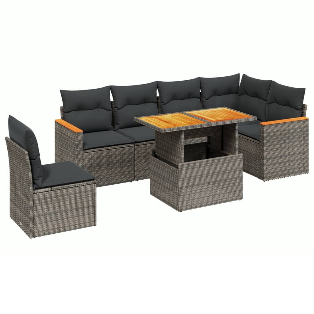 7-delige Loungeset met kussens poly rattan grijs