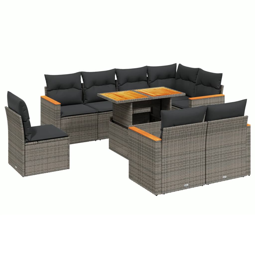 9-delige Loungeset met kussens poly rattan grijs