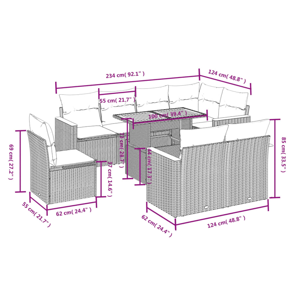 9-delige Loungeset met kussens poly rattan grijs