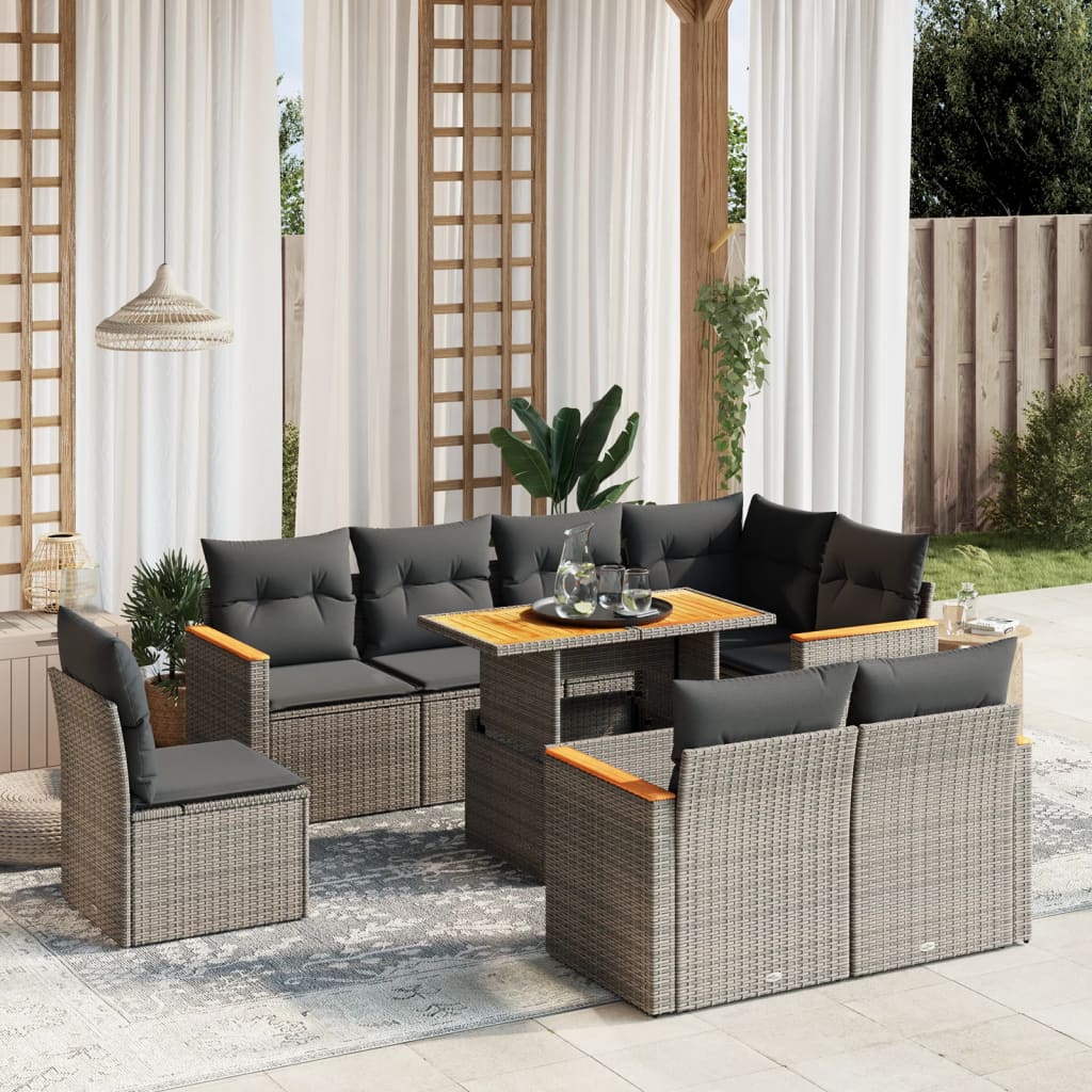 9-delige Loungeset met kussens poly rattan grijs