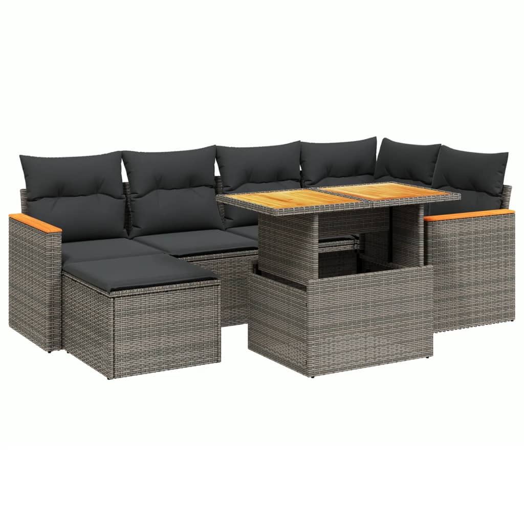 7-delige Loungeset met kussens poly rattan grijs