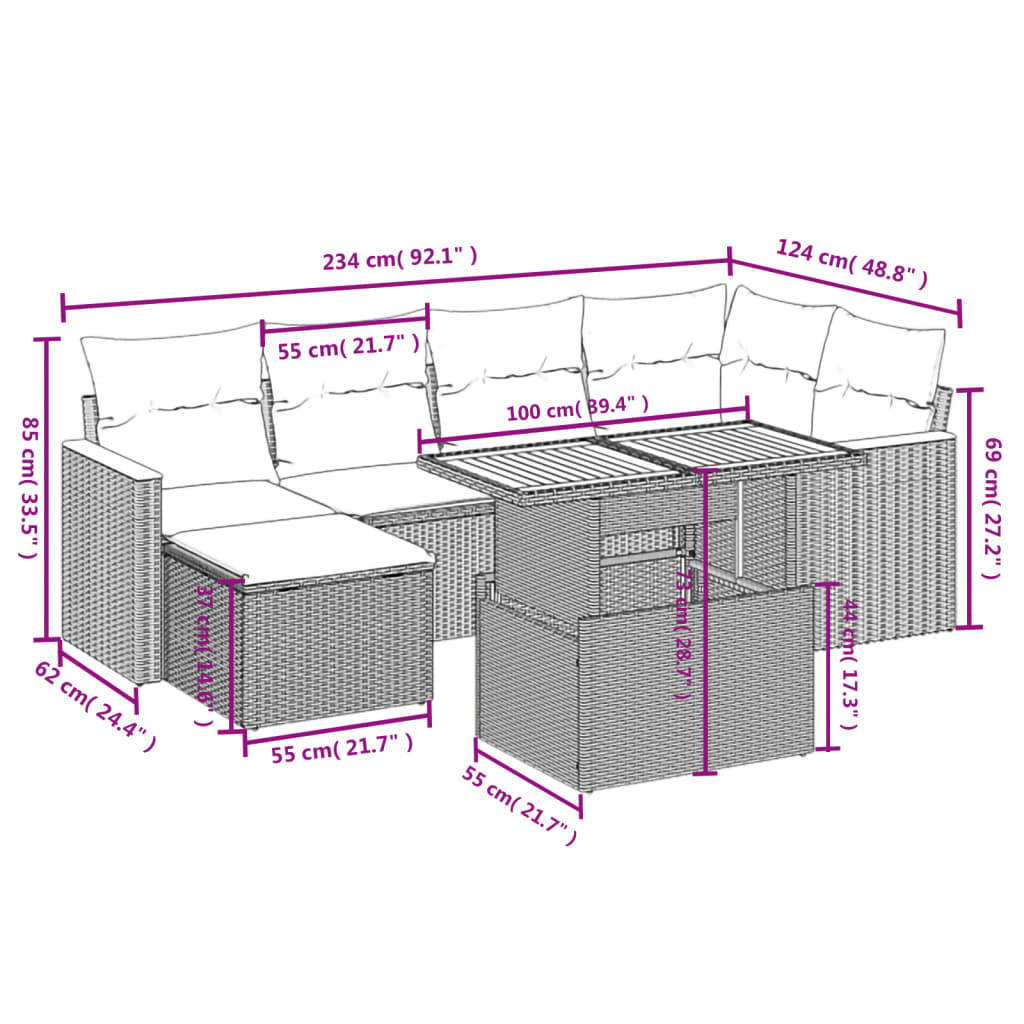 7-delige Loungeset met kussens poly rattan grijs