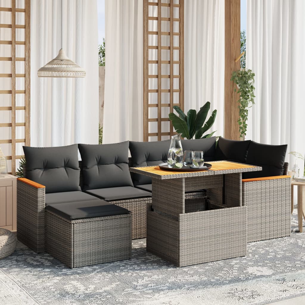 7-delige Loungeset met kussens poly rattan grijs