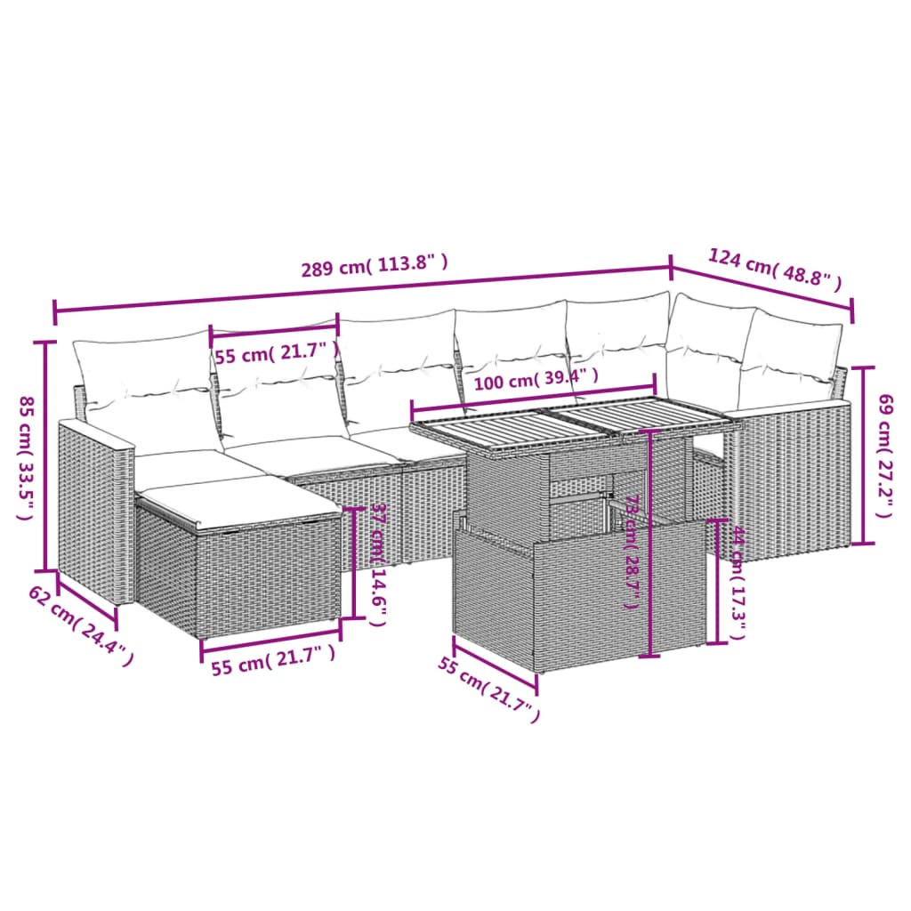 8-delige Loungeset met kussens poly rattan grijs