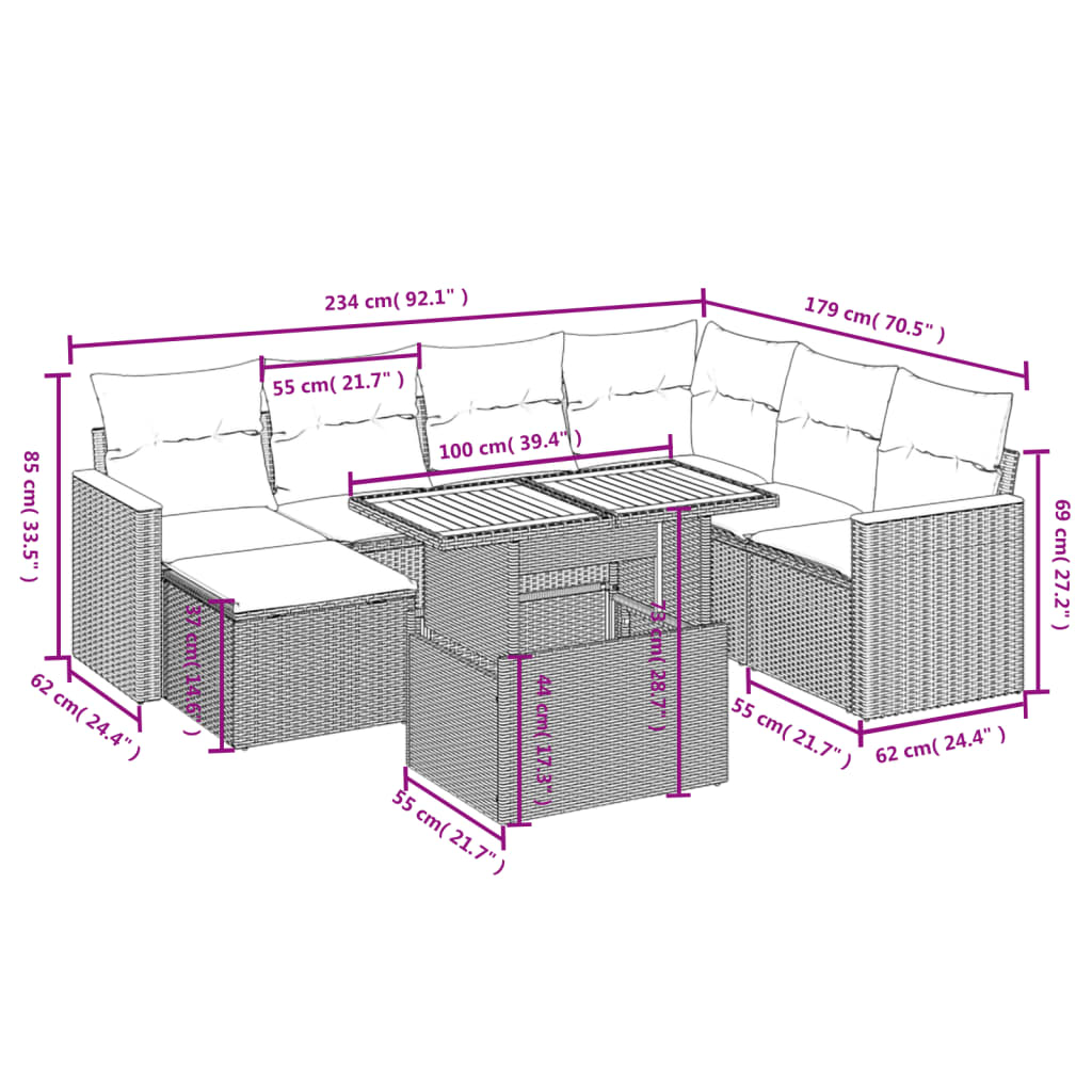 8-delige Loungeset met kussens poly rattan grijs