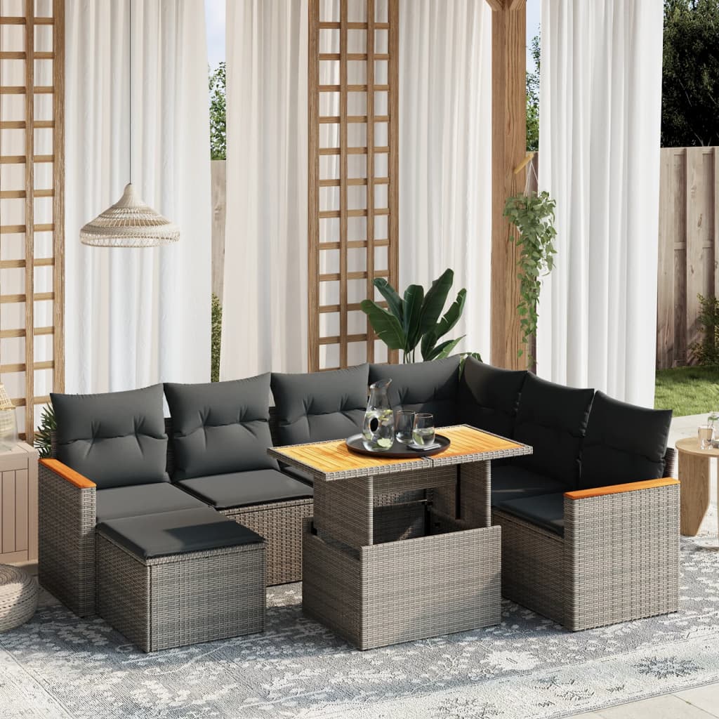 8-delige Loungeset met kussens poly rattan grijs