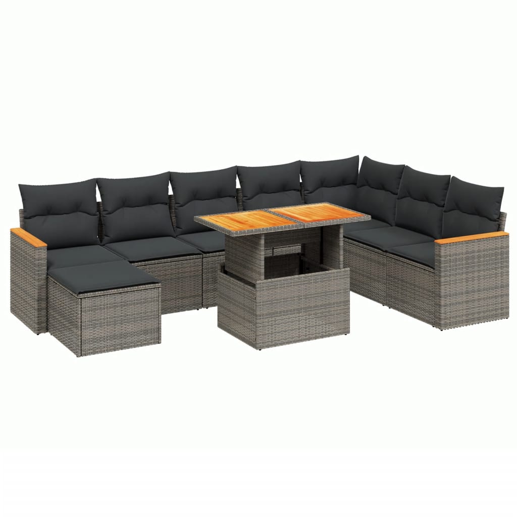 9-delige Loungeset met kussens poly rattan grijs