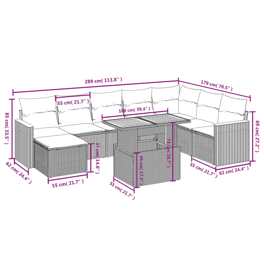 9-delige Loungeset met kussens poly rattan grijs