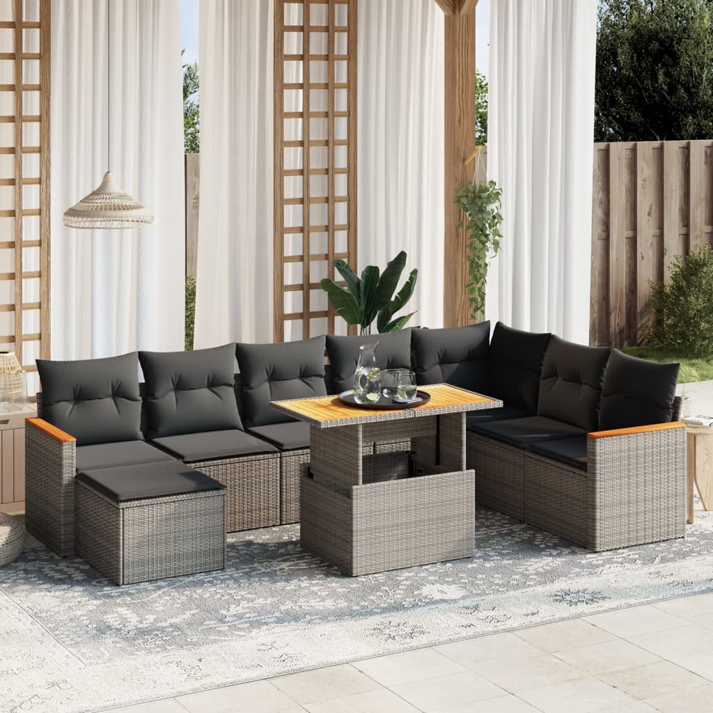 9-delige Loungeset met kussens poly rattan grijs