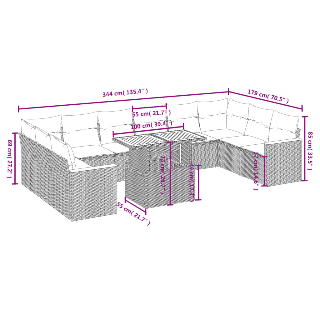 11-delige Loungeset met kussens poly rattan grijs