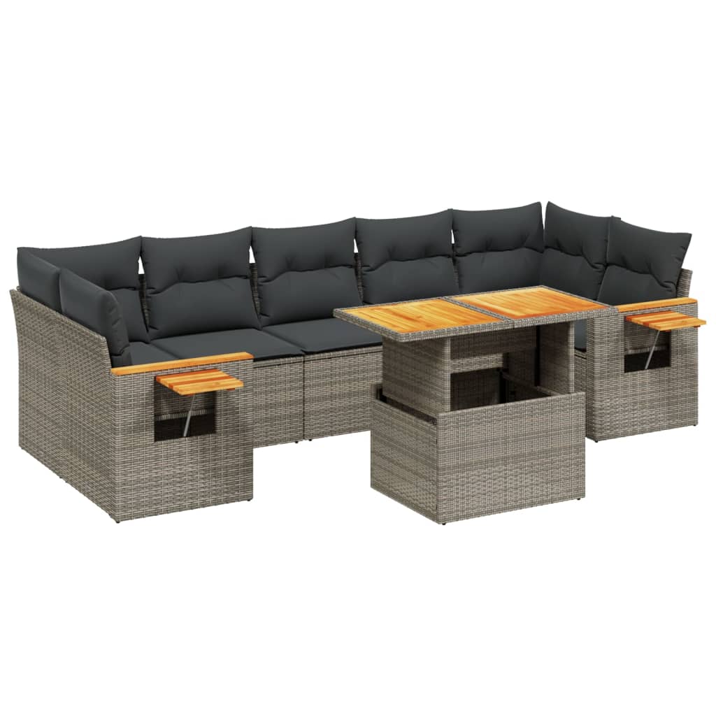 8-delige Loungeset met kussens poly rattan grijs