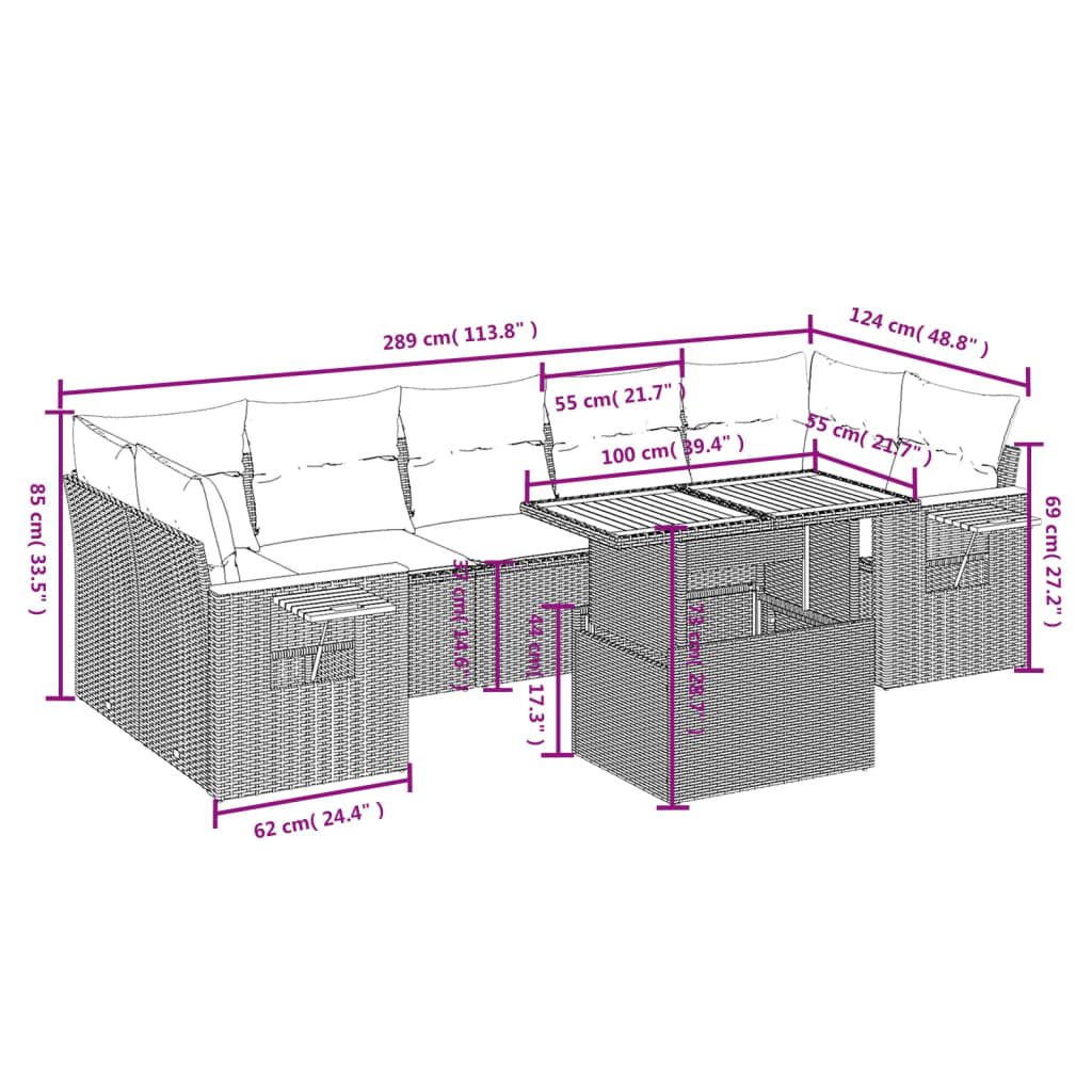 8-delige Loungeset met kussens poly rattan grijs