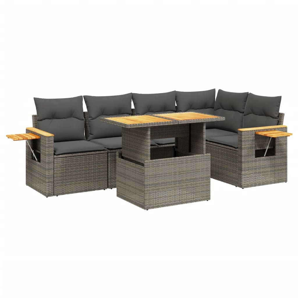 6-delige Loungeset met kussens poly rattan grijs