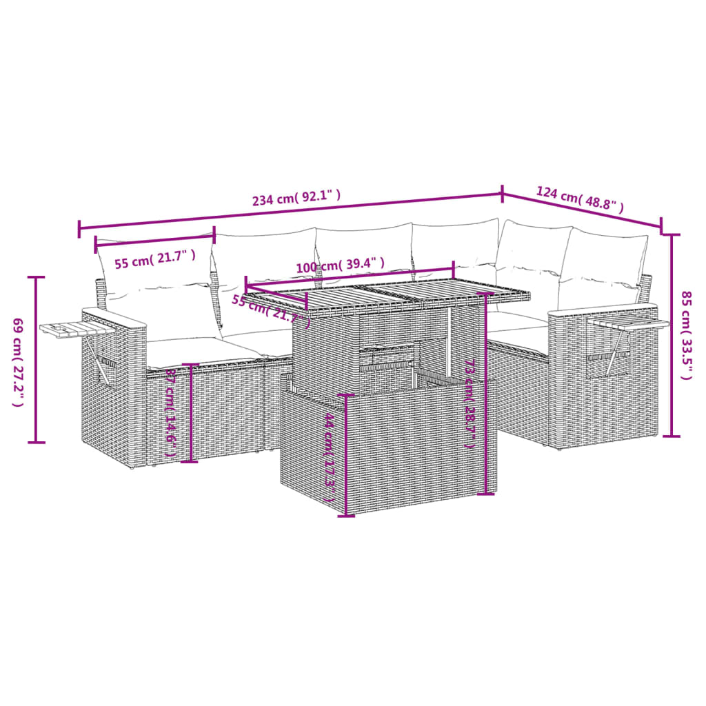 6-delige Loungeset met kussens poly rattan grijs