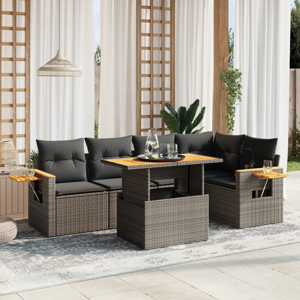 6-delige Loungeset met kussens poly rattan grijs