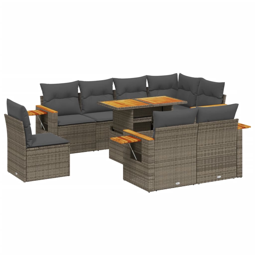 9-delige Loungeset met kussens poly rattan grijs