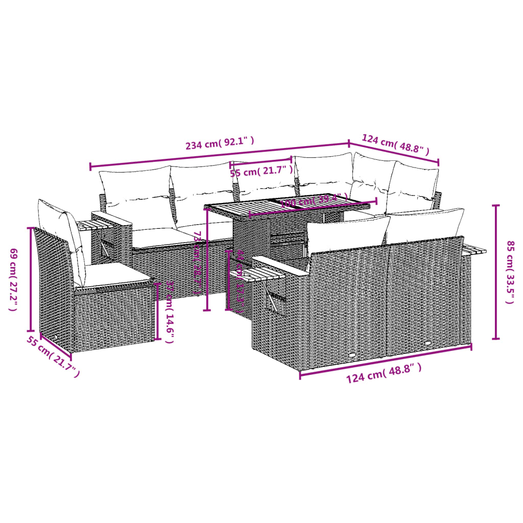 9-delige Loungeset met kussens poly rattan grijs