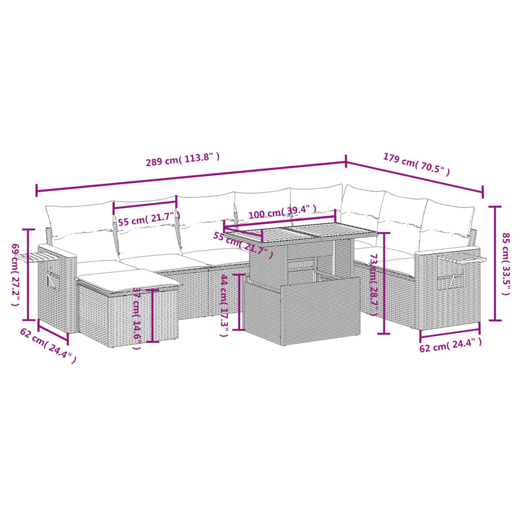 8-delige Loungeset met kussens poly rattan grijs