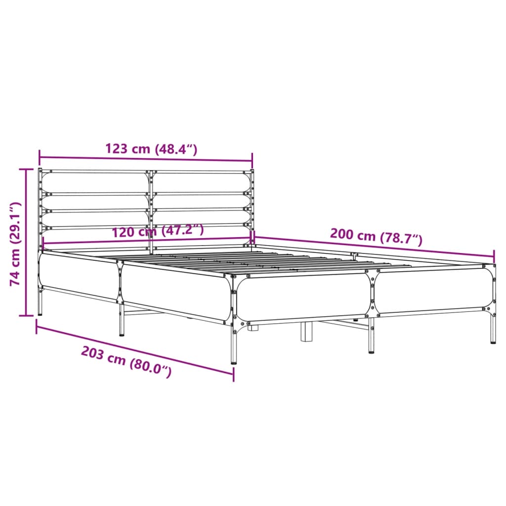 Bedframe bewerkt hout metaal gerookt eikenkleurig 120x200 cm