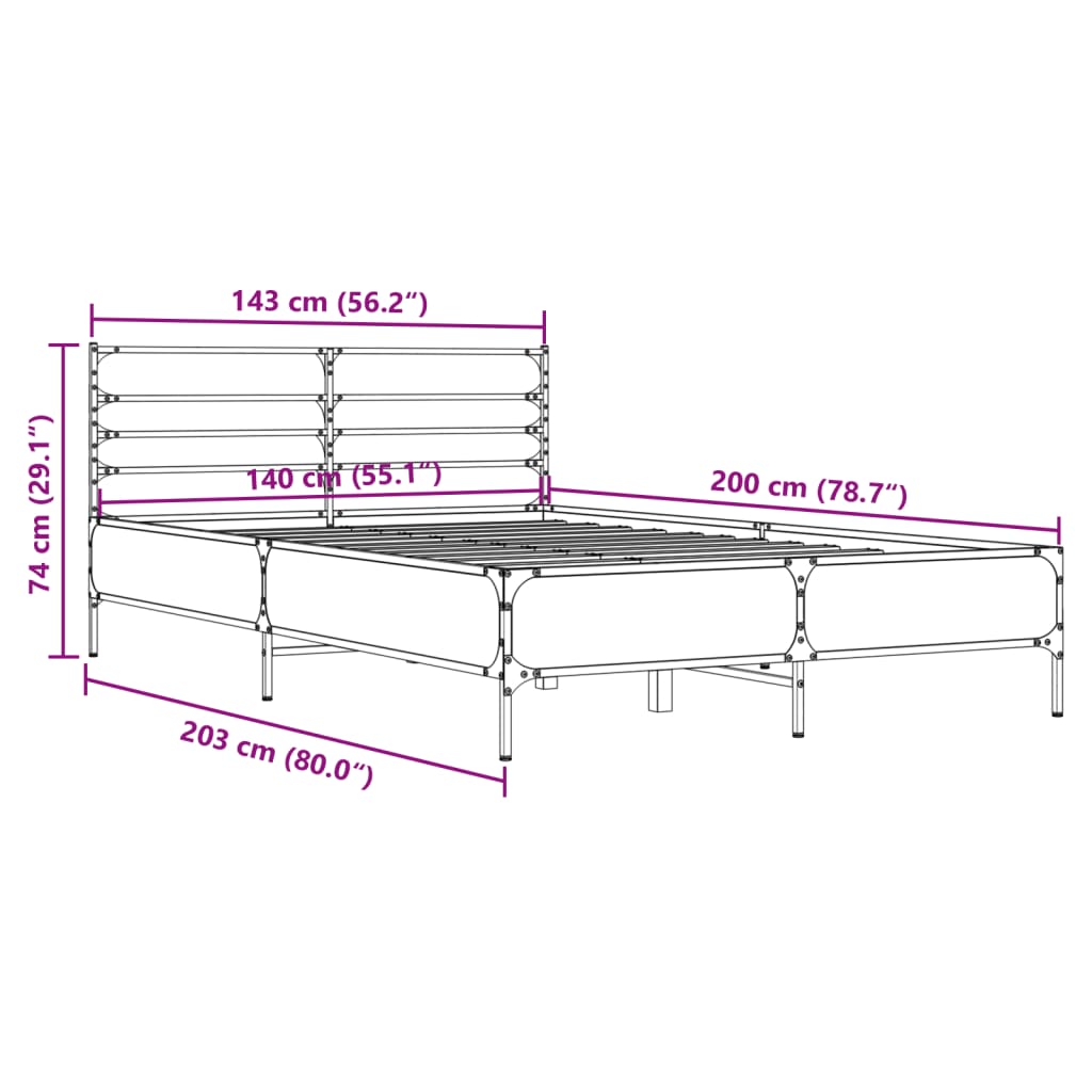 Bedframe bewerkt hout metaal grijs sonoma eiken 140x200 cm