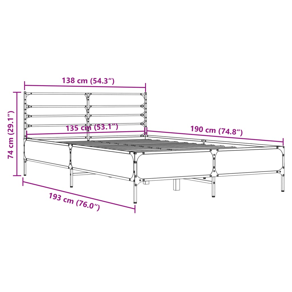 Bedframe bewerkt hout metaal grijs sonoma eiken 135x190 cm