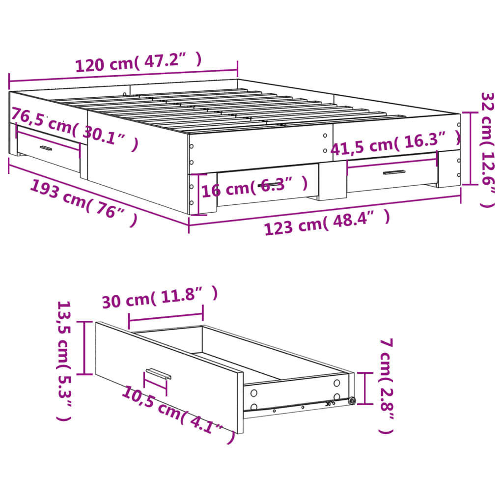 Bedframe met lades bewerkt hout bruin eikenkleurig 120x190 cm